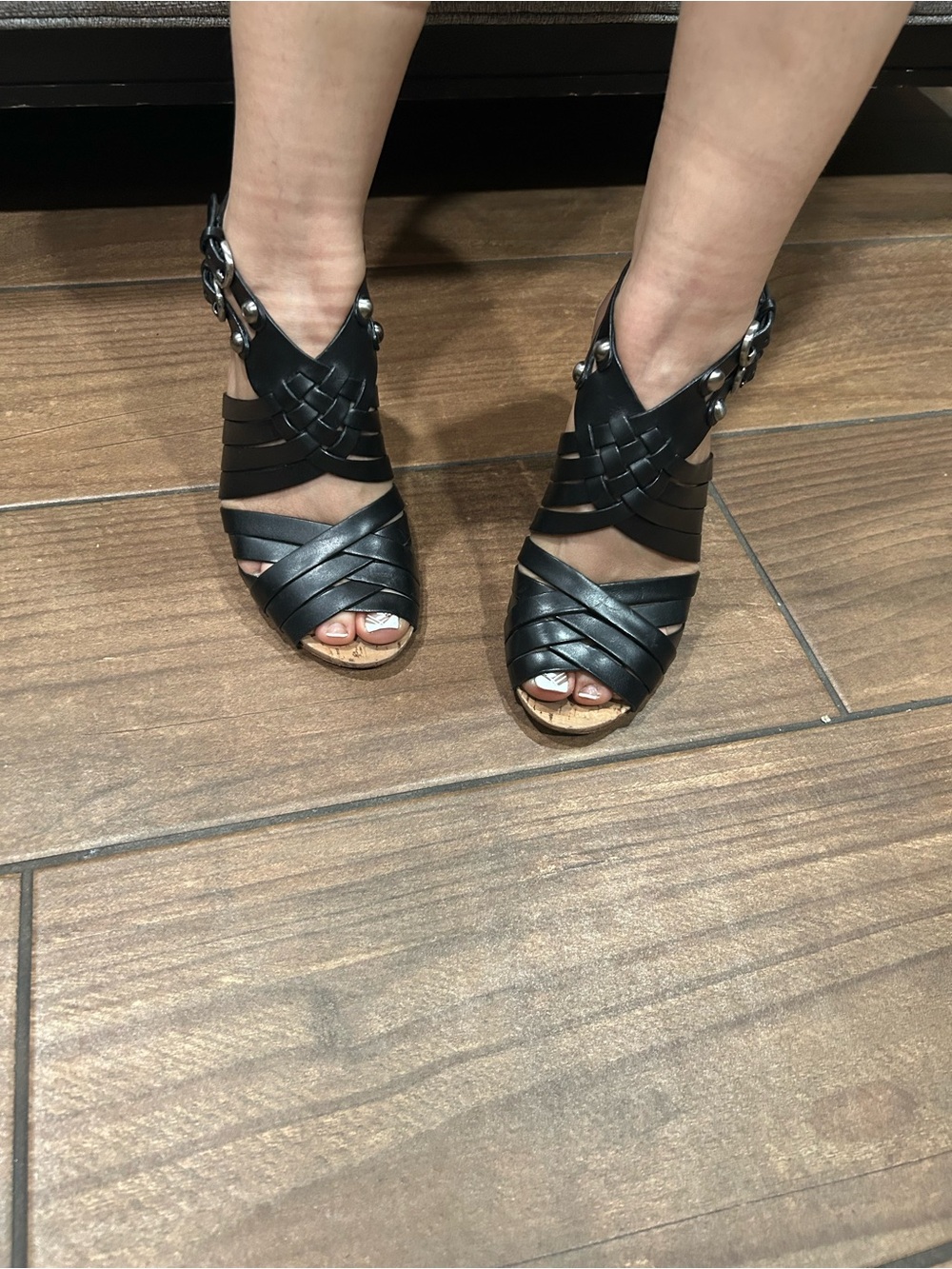 Coach Black Leather Strappy Sandals with Wood-Tone Block Heel - Picture 3 of 13